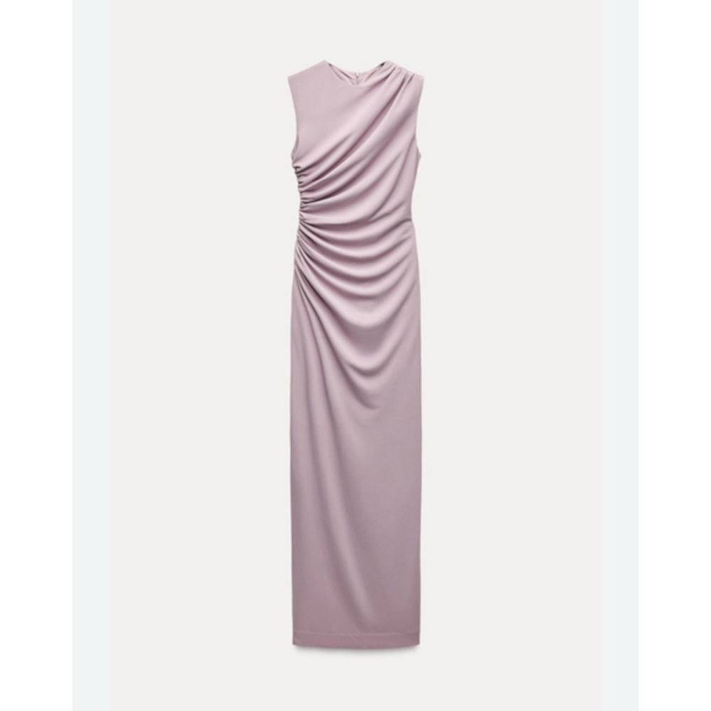 Zara Pink Blush Ruched Midi Dress Sleeveless Bodycon Party Cocktail Size S New